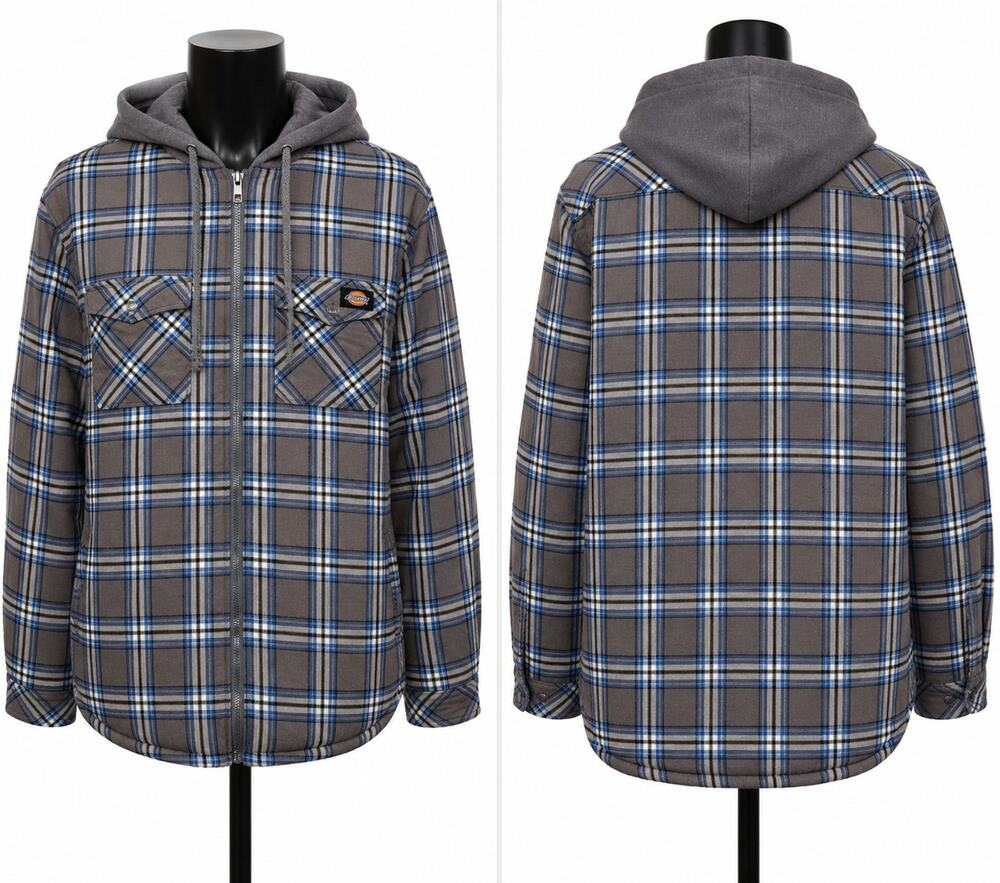 Dickies Hooded Plaid Jacket Quilted Lined Zip Up Workwear Gray Blue Men's XLT